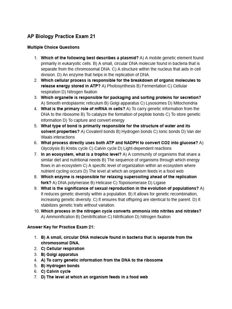 AP Biology Practice Exam 21 Answers PDF Biology Cell (Biology)