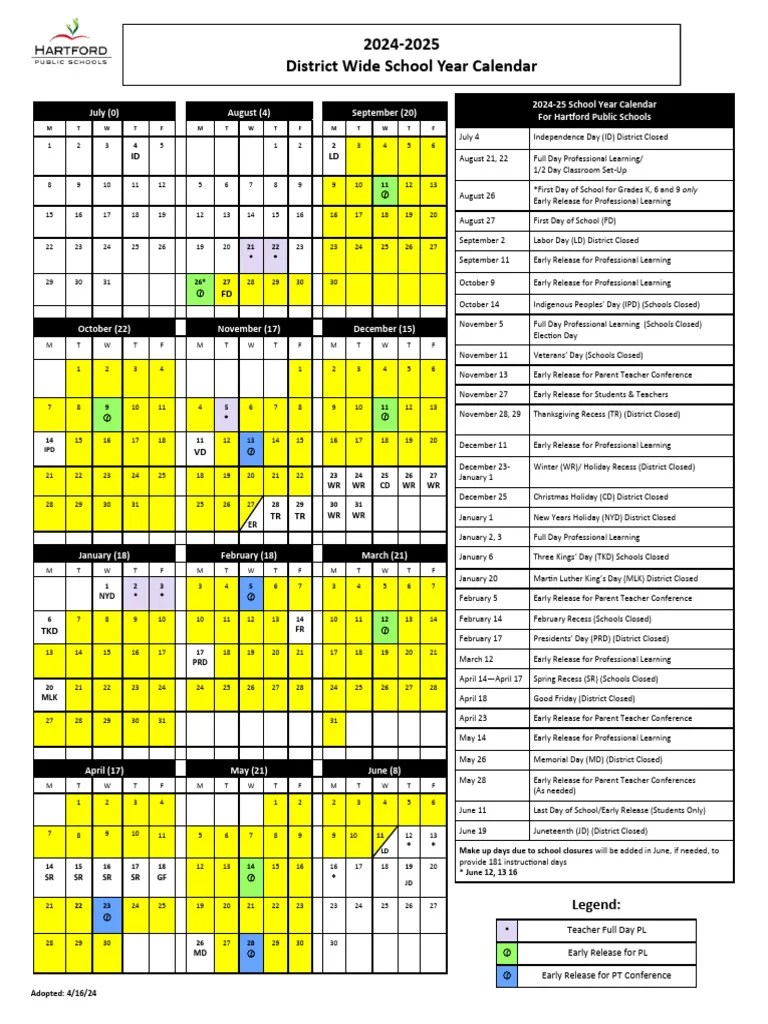Hartford Public Schools Calendar 202425 PDF Public Holiday Festival
