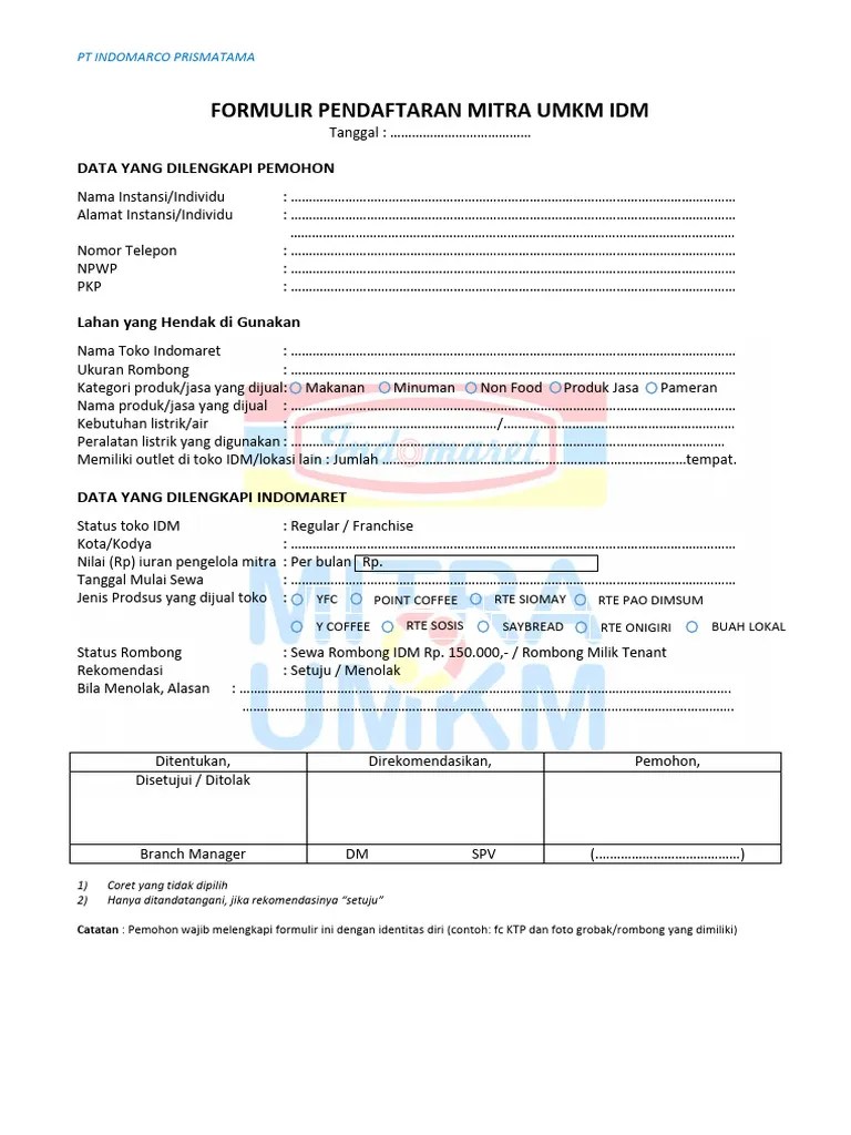 FORMULIR PENDAFTARAN MITRA UMKM IDM PDF