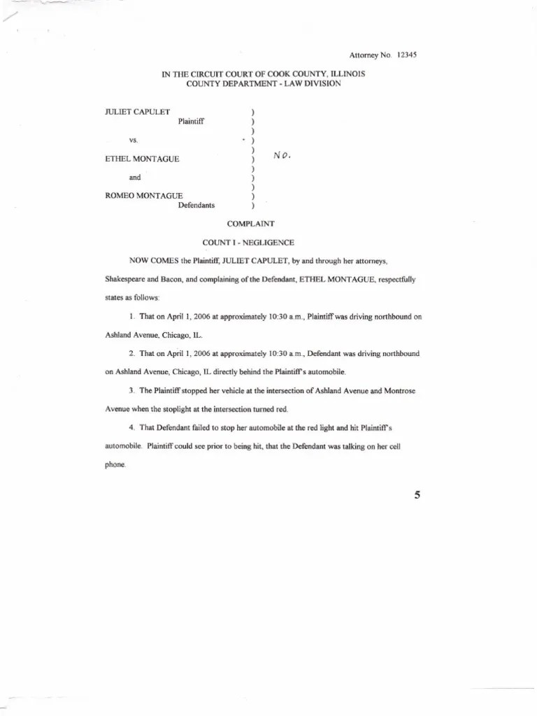 Sample Negligence Complaint Negligence Legal Concepts