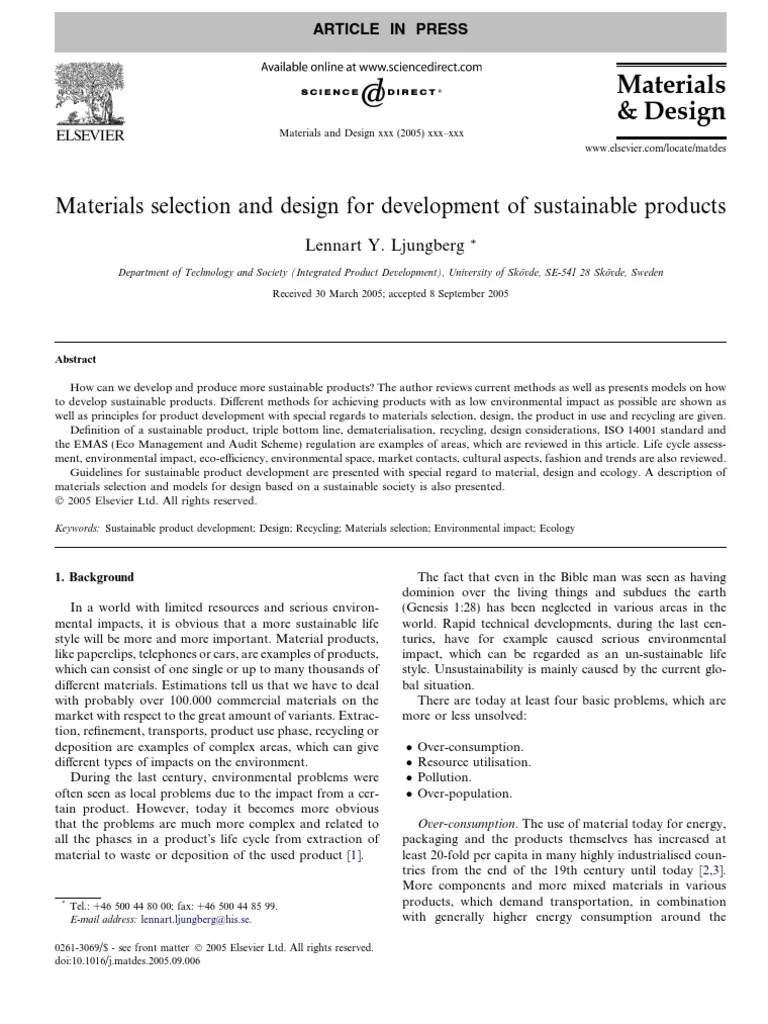 Material Selection and Design For Sustainable Product PDF Life