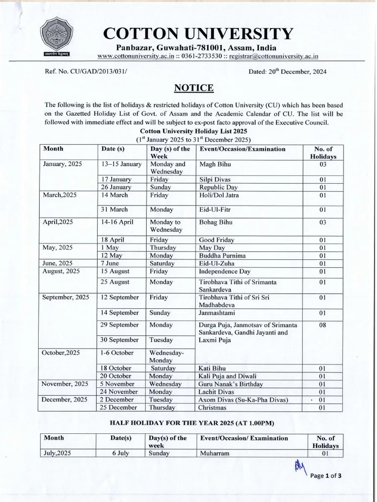 CU Holiday List 2025 PDF Observances Religious Holidays