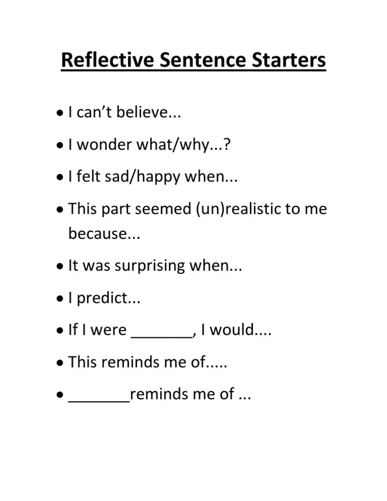 Reflective Sentence Starters PDF