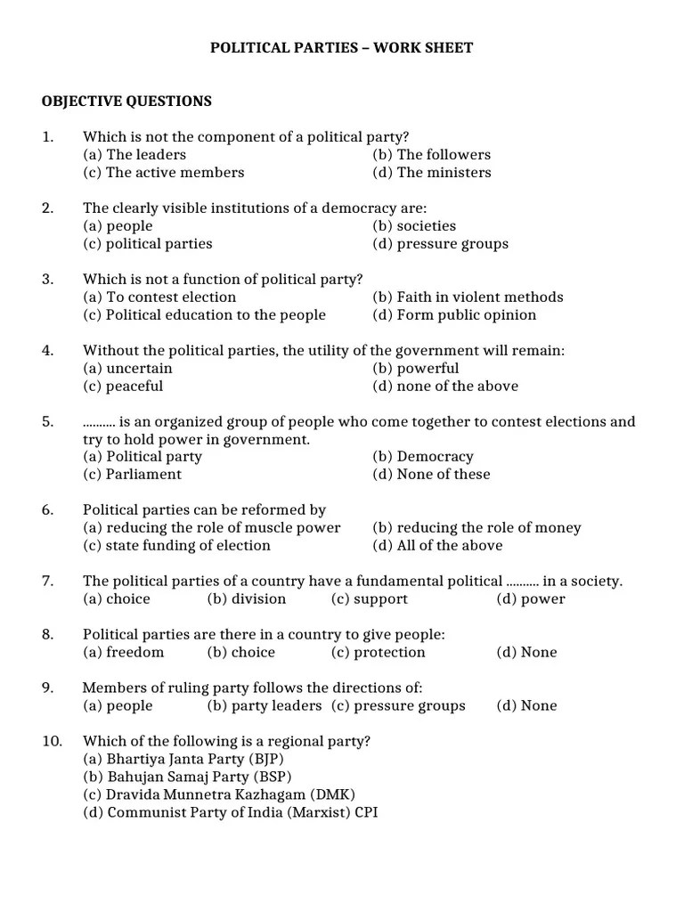 Class X - NCERT - MCQ's - Political parties worksheet | PDF | Bharatiya