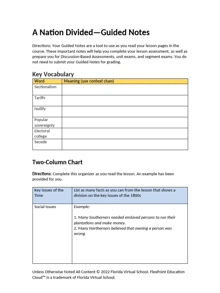 A Nation Divided Guided Notes Pdf
