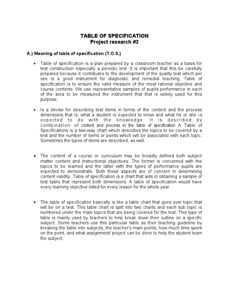 Table of Specification