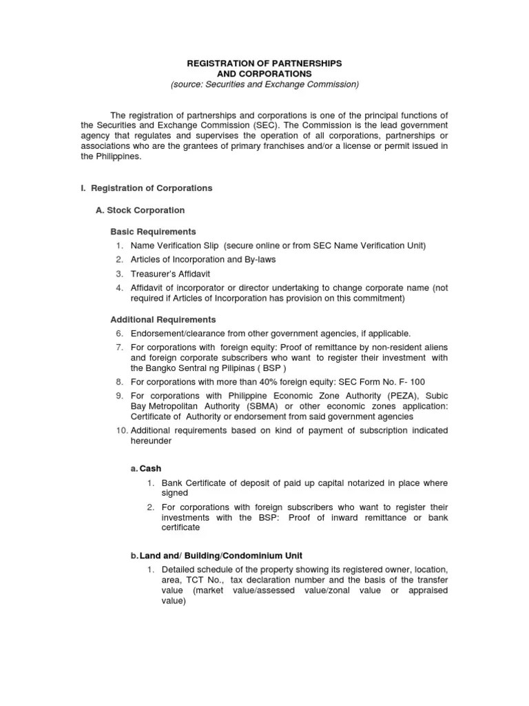 Registration of Partnerships and Corporations Real