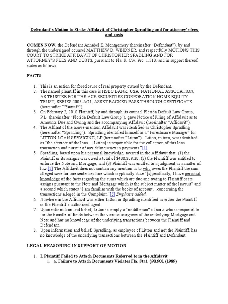 Motion to Strike Affidavit Florida Hearsay Affidavit