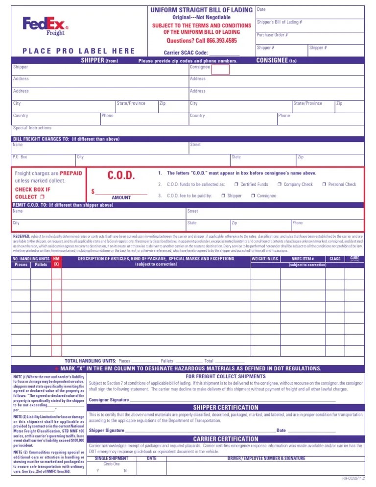 FedEx Bill of Lading Cargo Services (Economics)