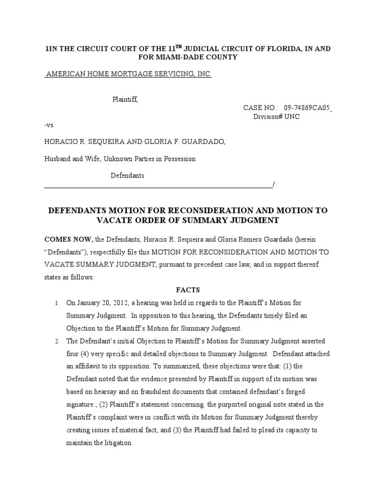 012212 Motion for Reconsideration Summary Judgment Affidavit
