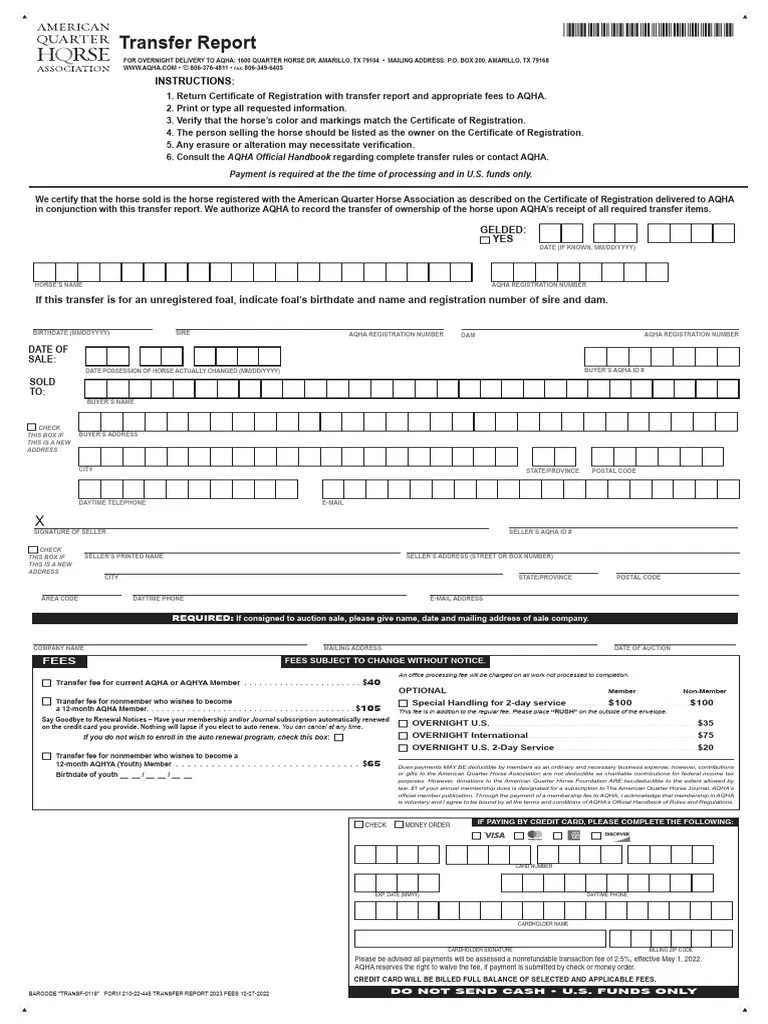 AQHA Horse Transfer Report Form PDF Tax Deduction
