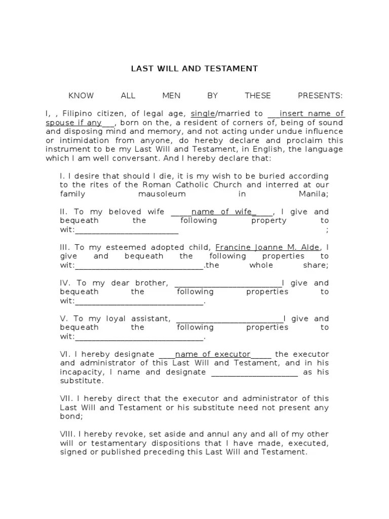 Last Will and Testament Sample Will And Testament Inheritance