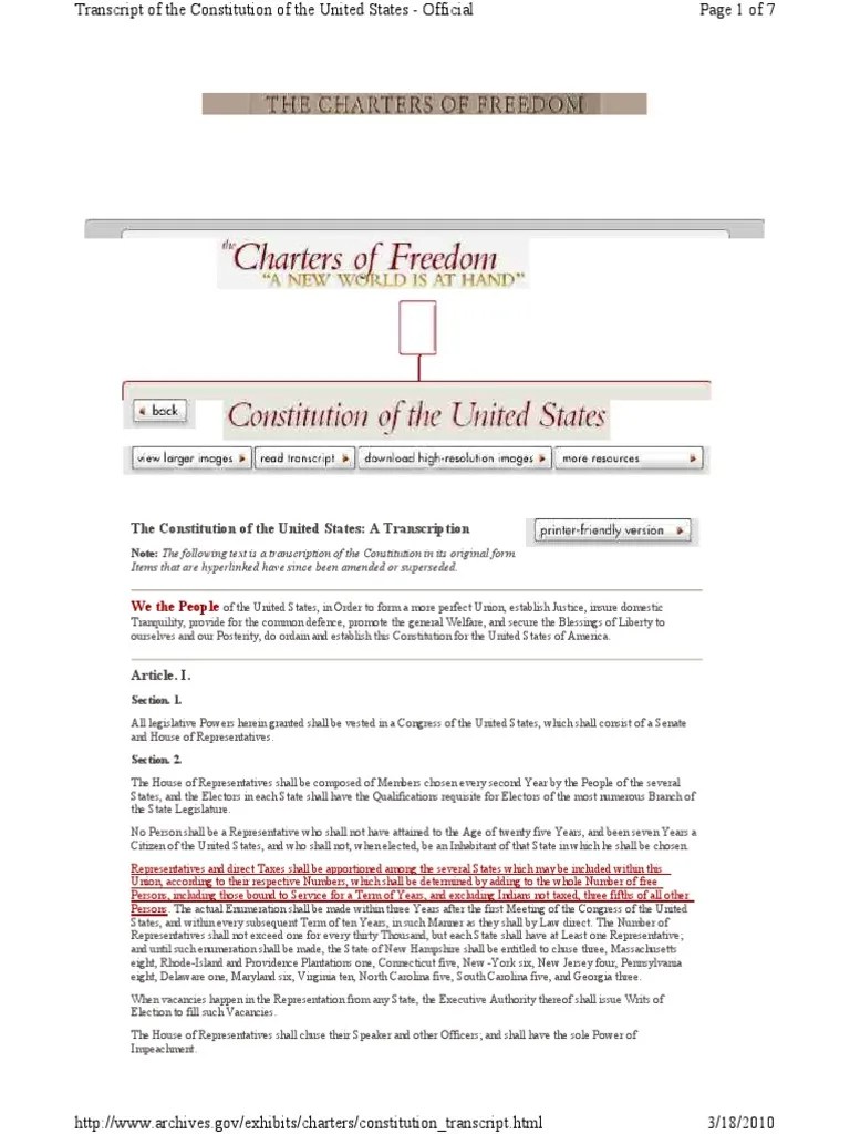 Constitution of The United States Official Transcript PDF U.S