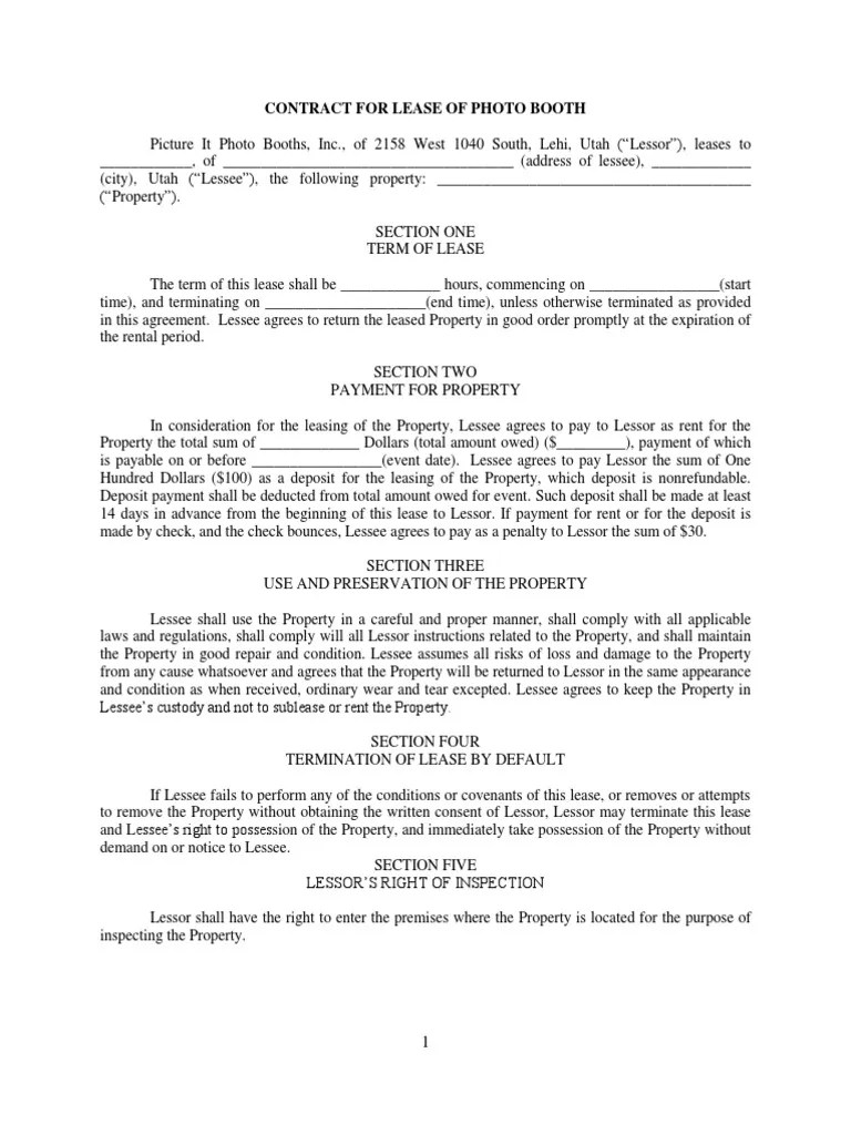 Photo Booth Lease Agreement Lease Indemnity