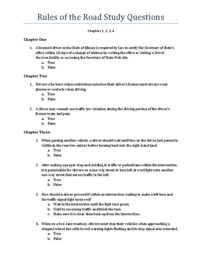 Rules of the Road Study Questions Chapters 1, 2, 3, 4 | Traffic
