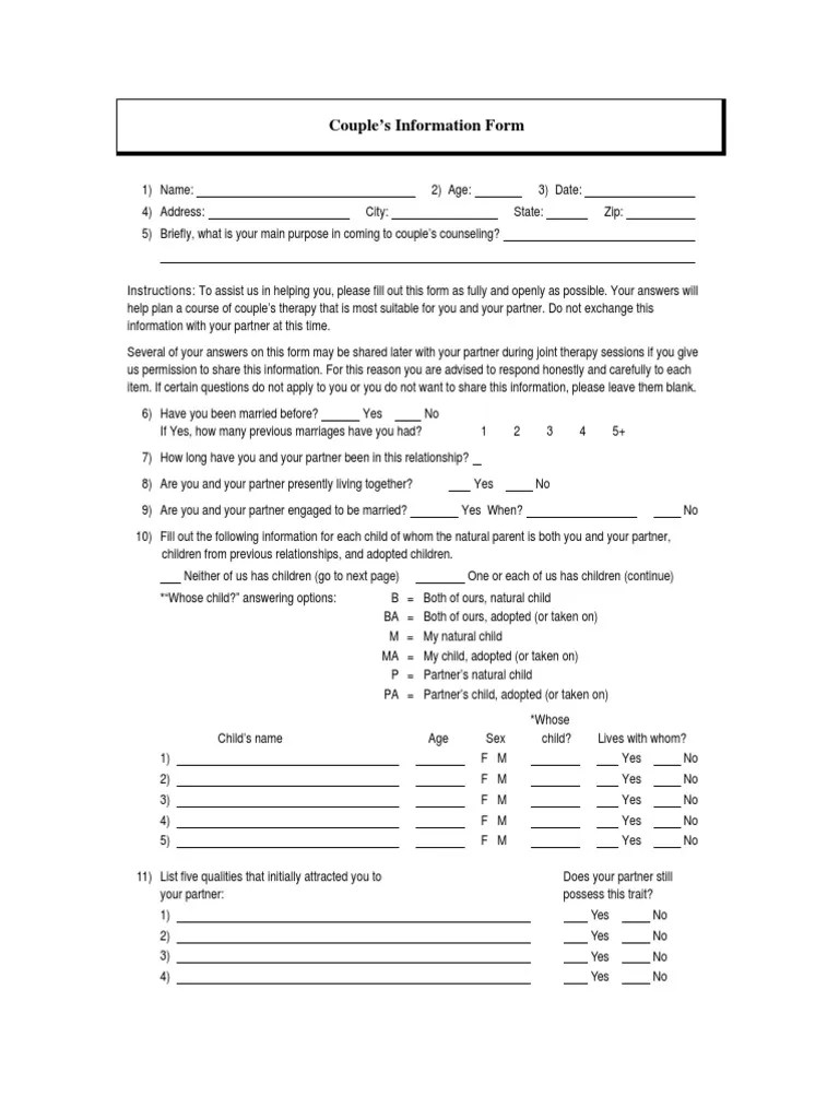 Couple Assessment Form Marriage Behavioural Sciences