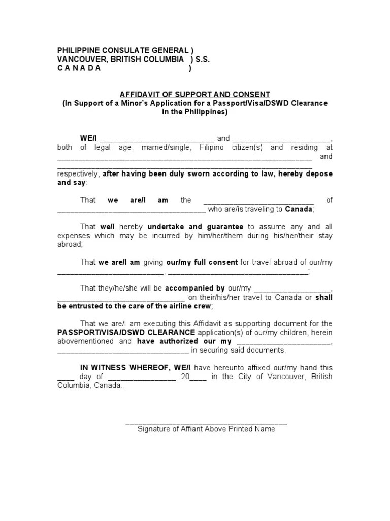 Affidavit of Support and Consent Passport, Visa, DSWD