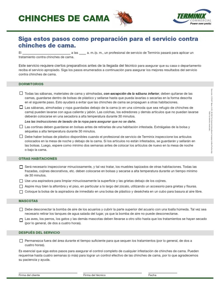 Bed Bug Preparation Sheet Spanish 32724SP1 Acuario Naturaleza