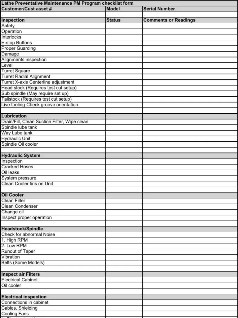 Lathe PM Checklist