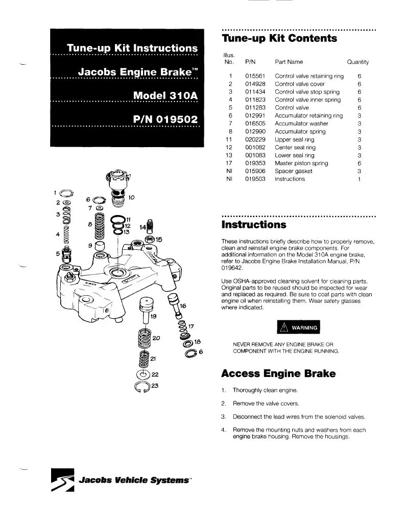 Jacobs Brake Caterpillar TuneUp Kit Instructions 19503B Vehicles