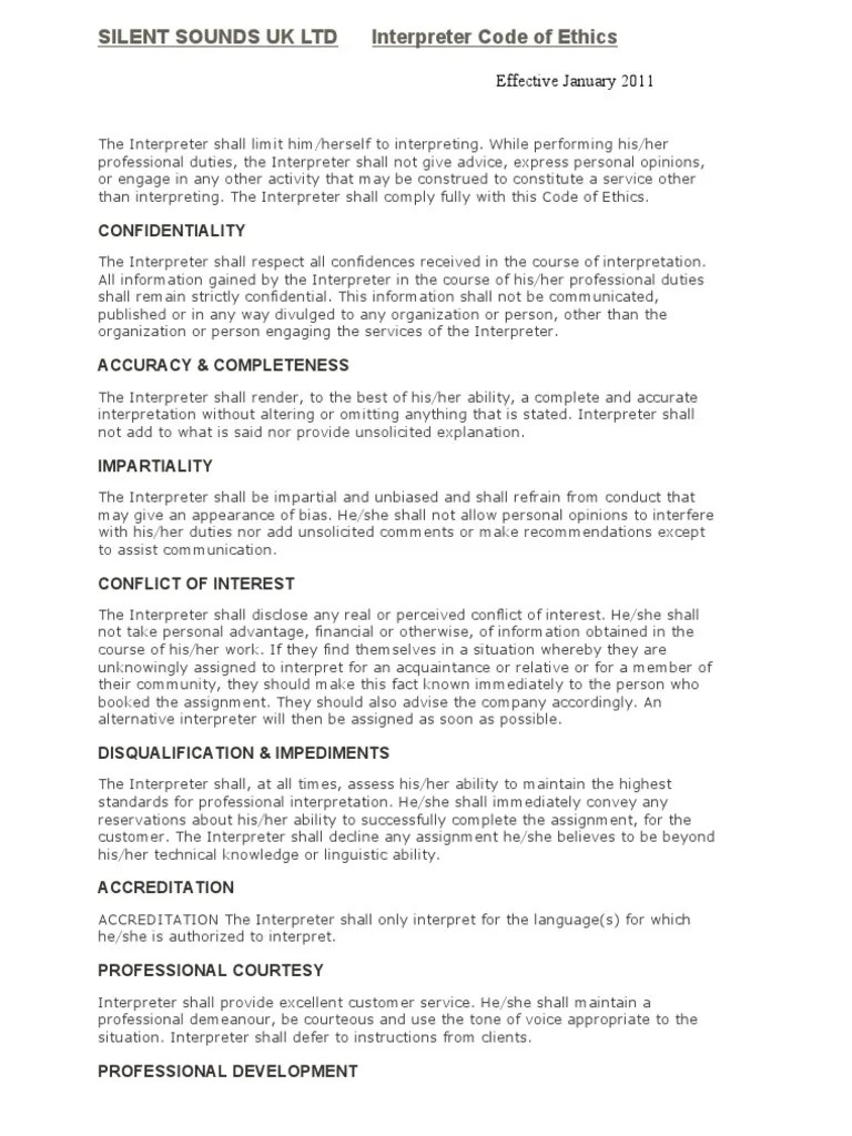 Interpreter Code of Ethics Language Interpretation Conflict Of