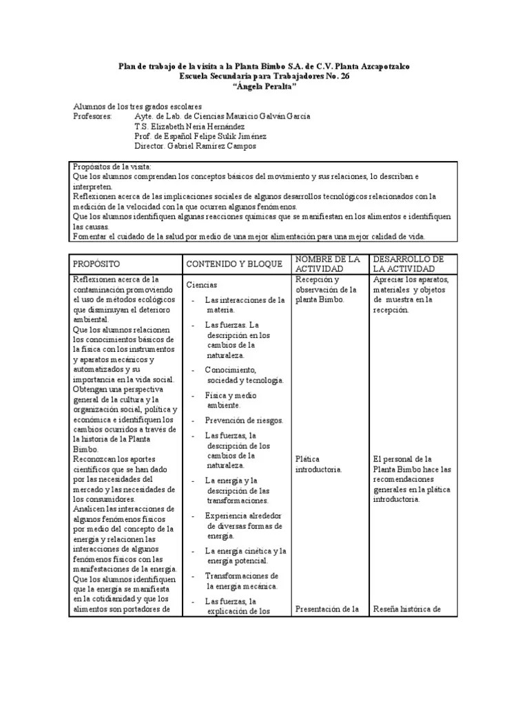 Plan de Trabajo de La Visita a La Planta Bimbo Física y