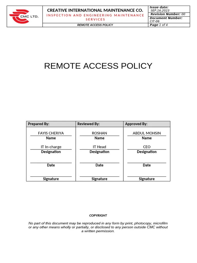 CMC Remote Access Policy Overview PDF Modem Digital Subscriber Line