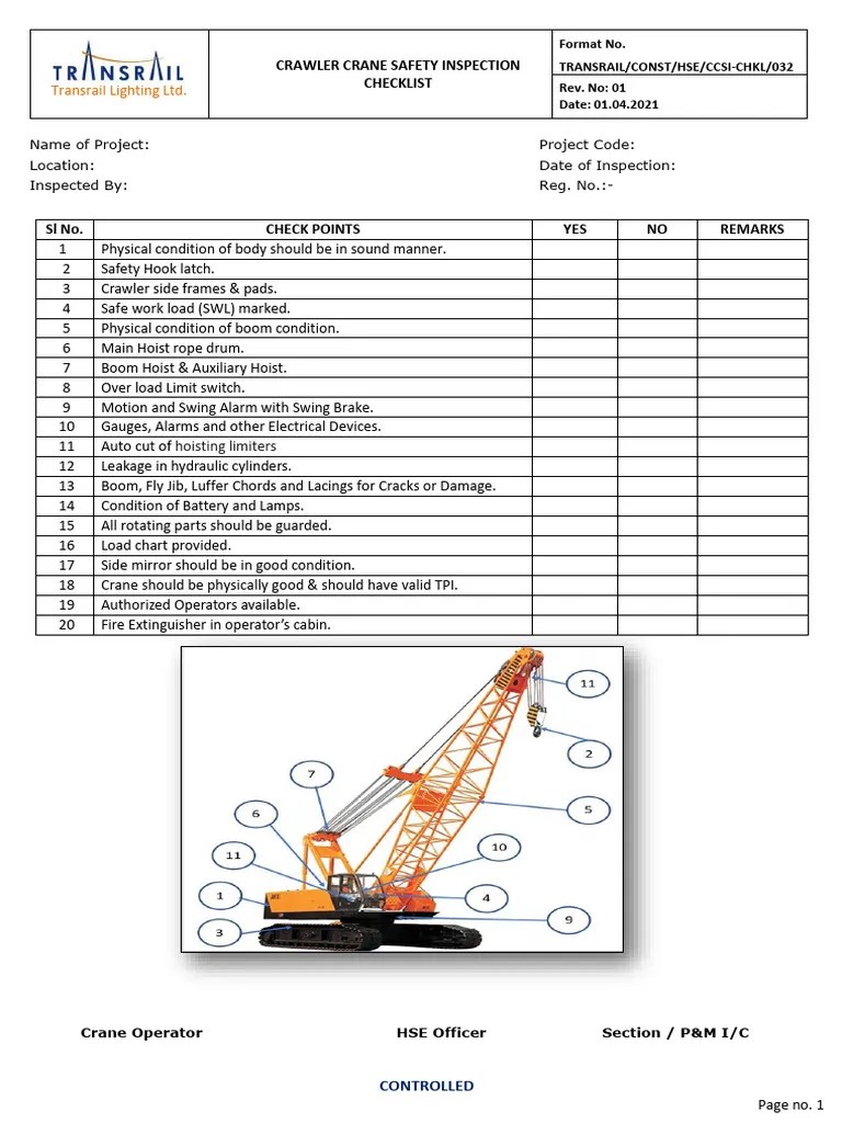 Crawler Crane Safety Inspection Checklist Pdf