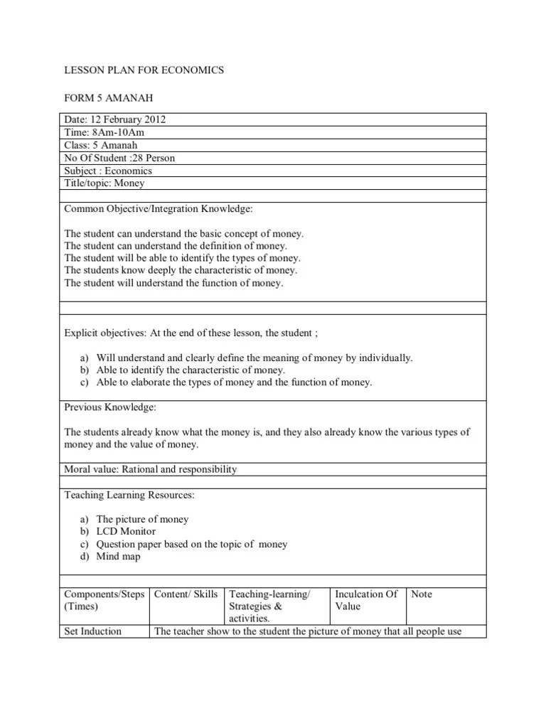 Lesson Plan for Economics Money Lesson Plan Free 30