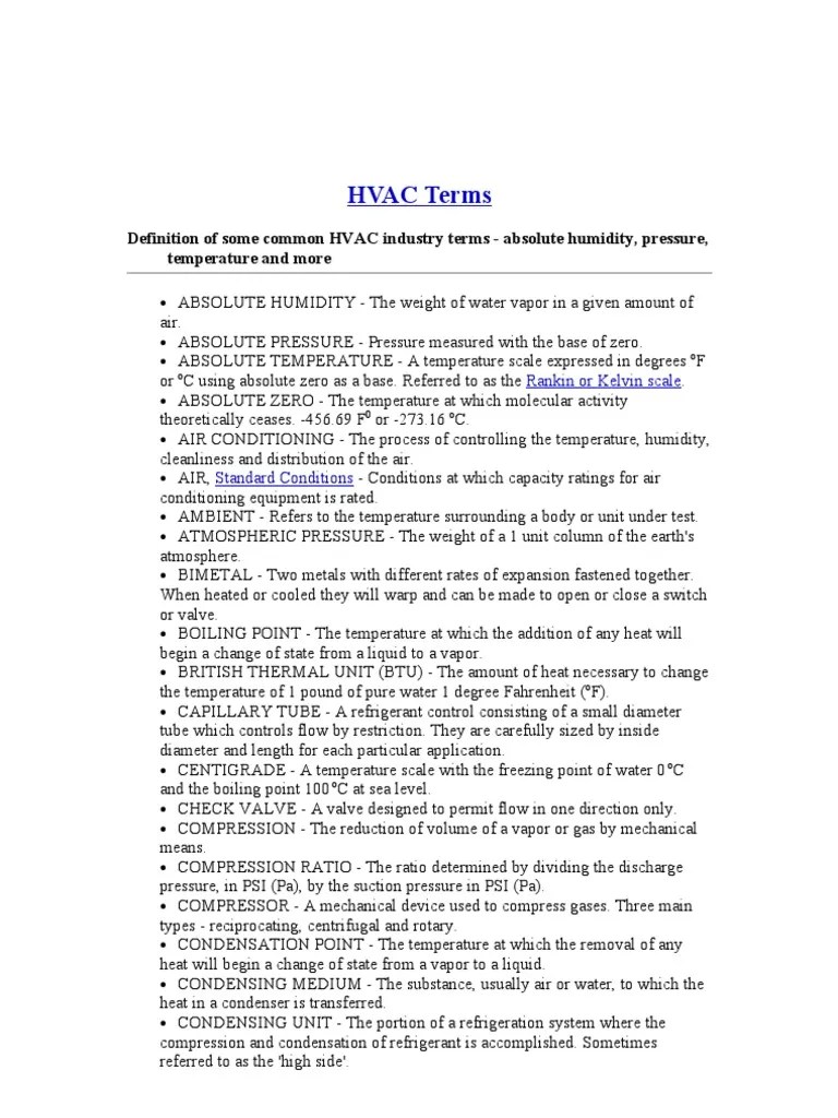 HVAC Terms Definition of Some Common HVAC Industry Terms Absolute