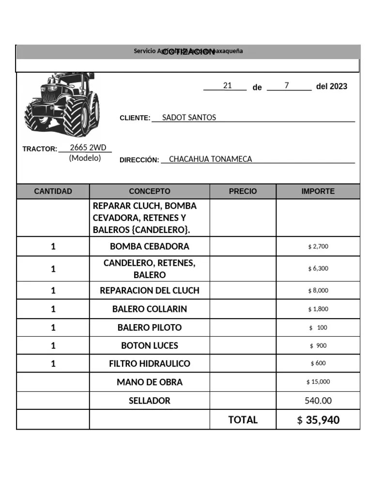 Cotización Reparación Tractor 2665 2WD PDF