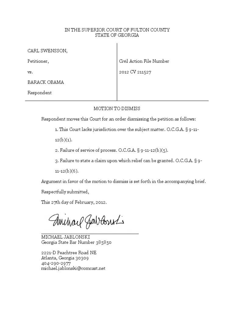 Swensson V Obama, Motion To Dismiss, Fulton County Superior Court, 227