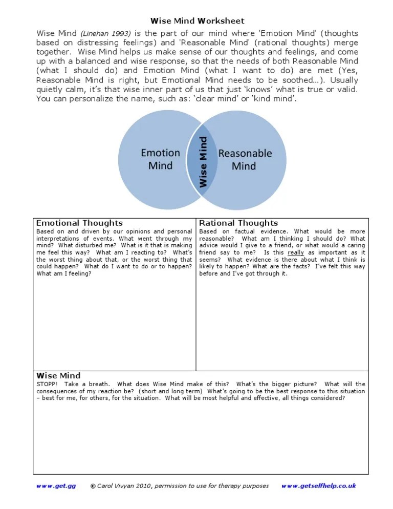 Wise Mind Worksheet Mind Emotions
