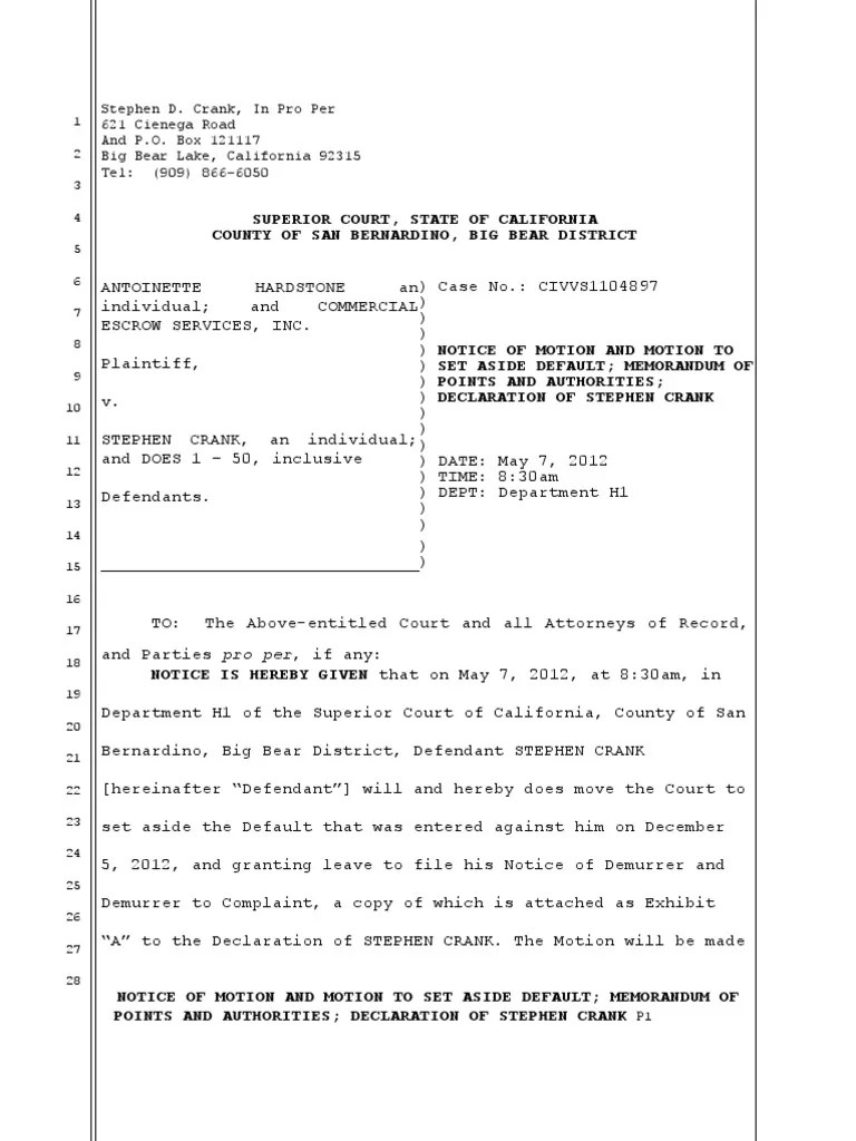 03 03 12 Motion To Set Aside Default Memorandum of Points and