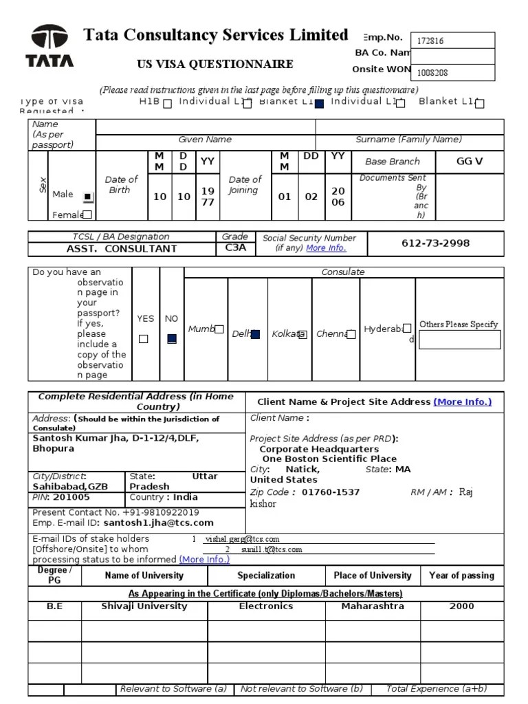 US Visa Questionnaire 19.02.10 L1B