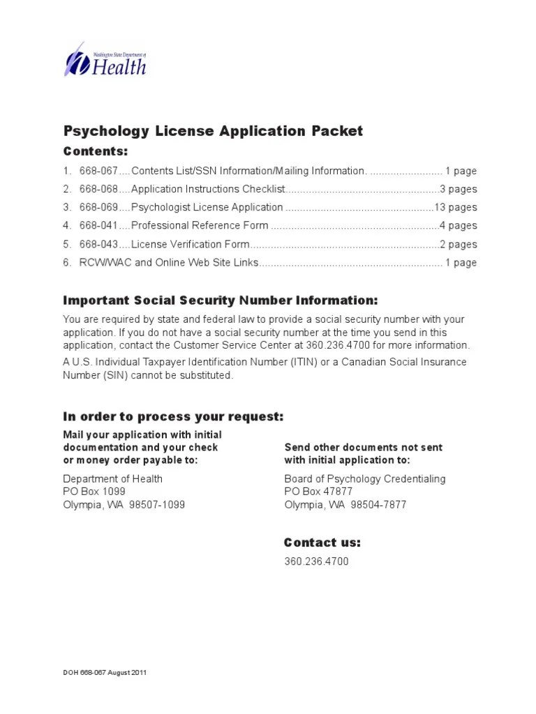Psychology License Application Packet Contents PDF Criminal Record