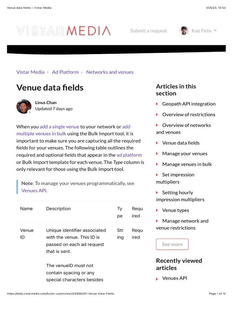 Vistar Media Venue Data Fields Guide PDF Information Technology