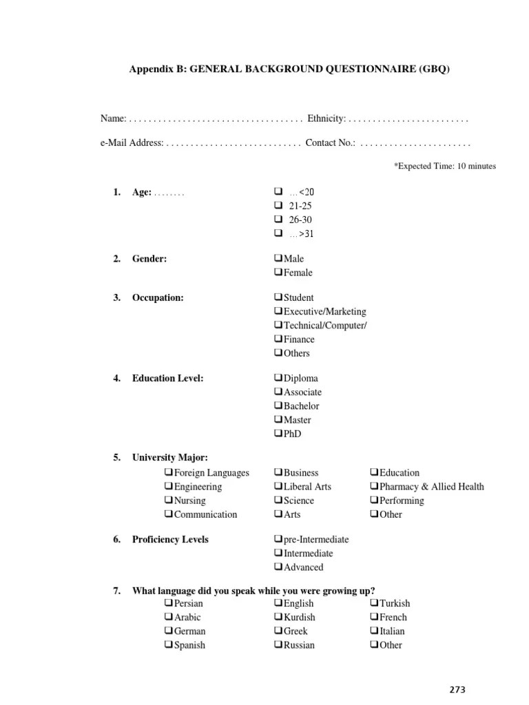 General Background Questionnaire (GBQ) Cognition Psychology