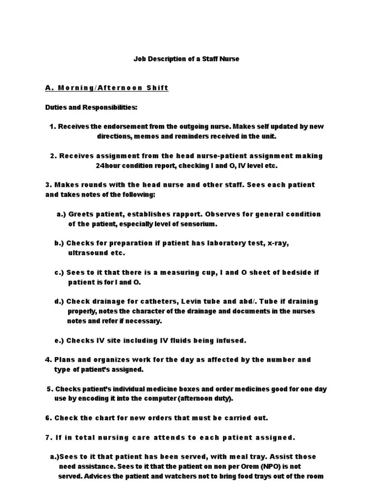 Job Description of a Staff Nurse Nursing Patient