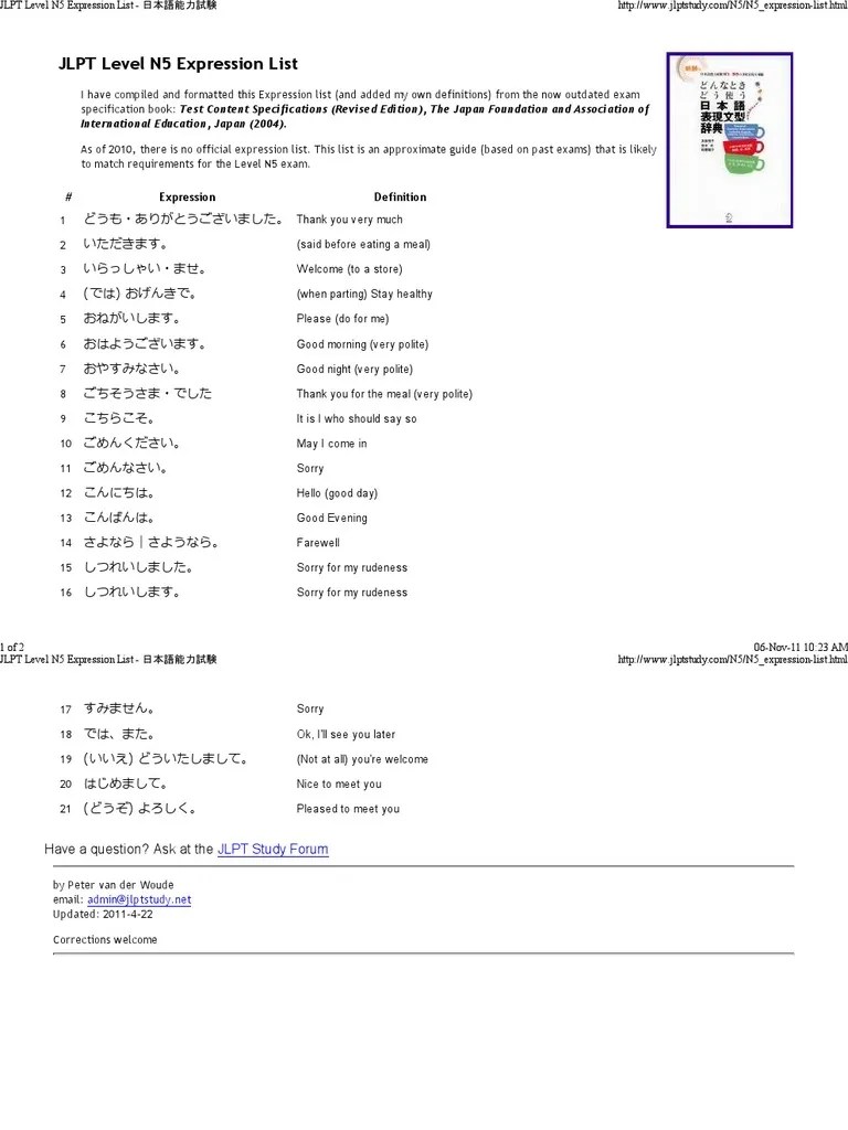 JLPT Level N5 Expression List