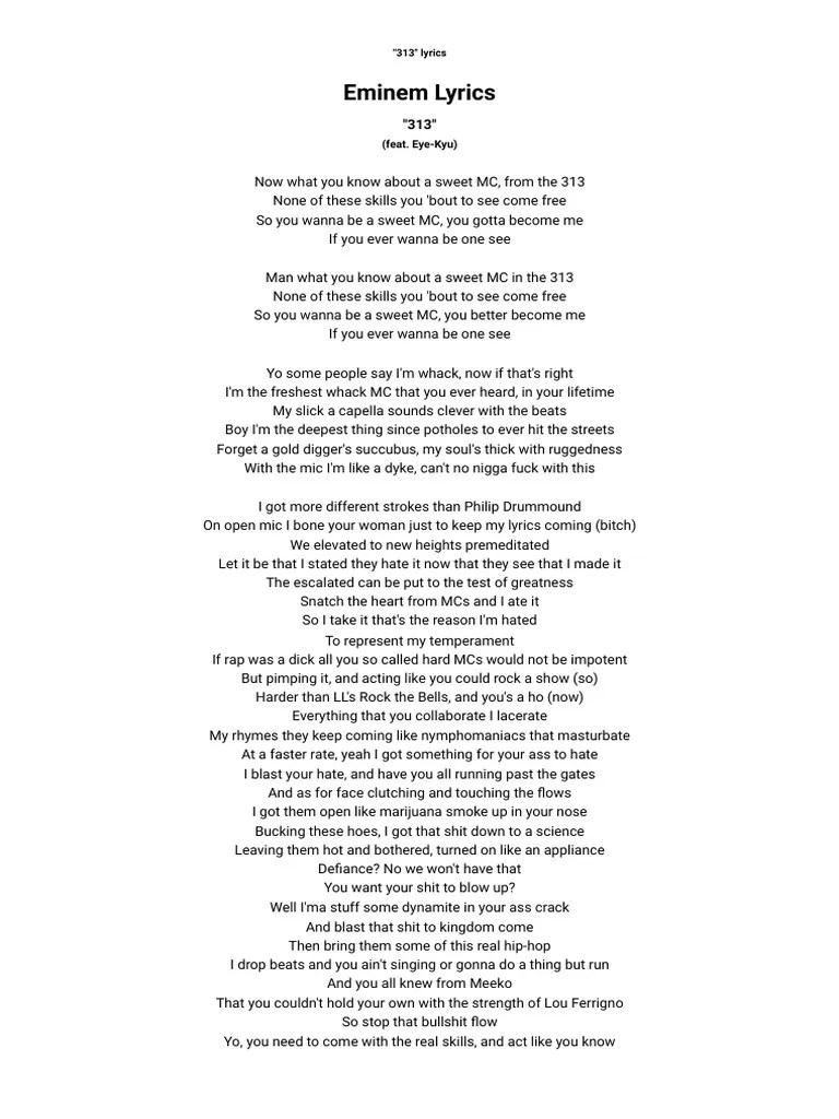 Eminems 313 Lyrics Analysis Pdf Rapping Hip Hop