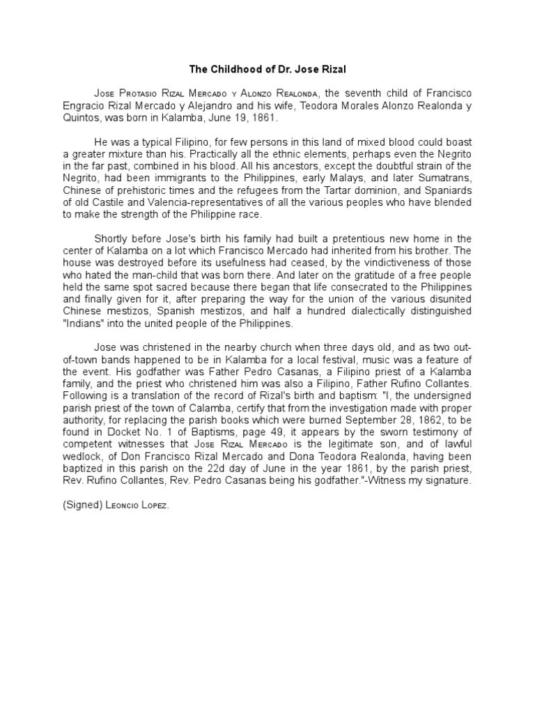 Dr. Jose Rizal Childhood Filipinas Biblia