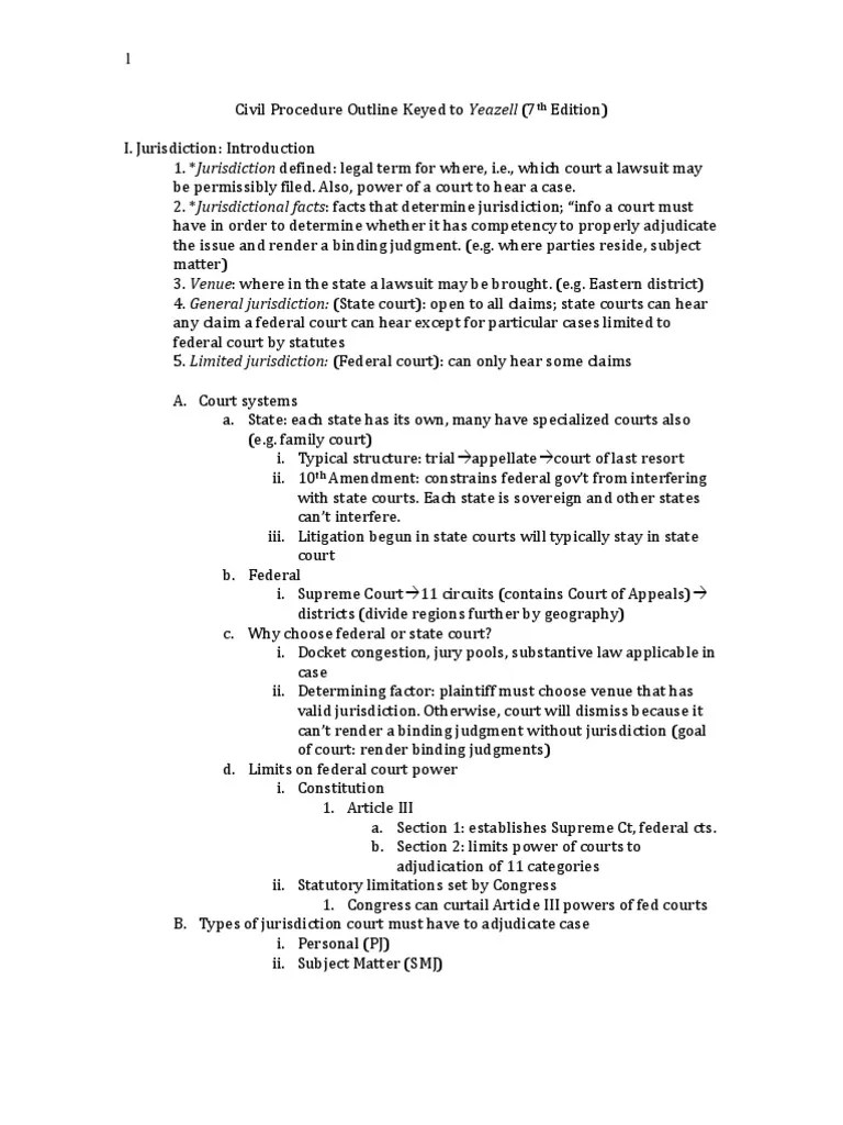 Civil Procedure Outline Keyed to Yeazell (7th Edition)