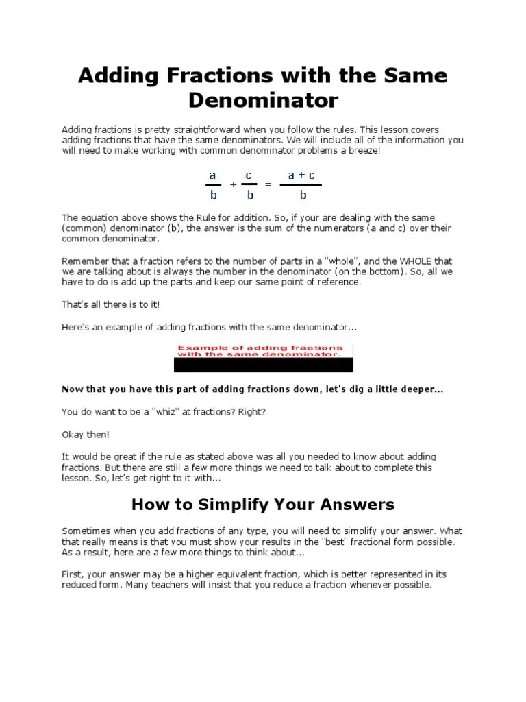 Adding Fractions With The Same Denominator | PDF | Fraction