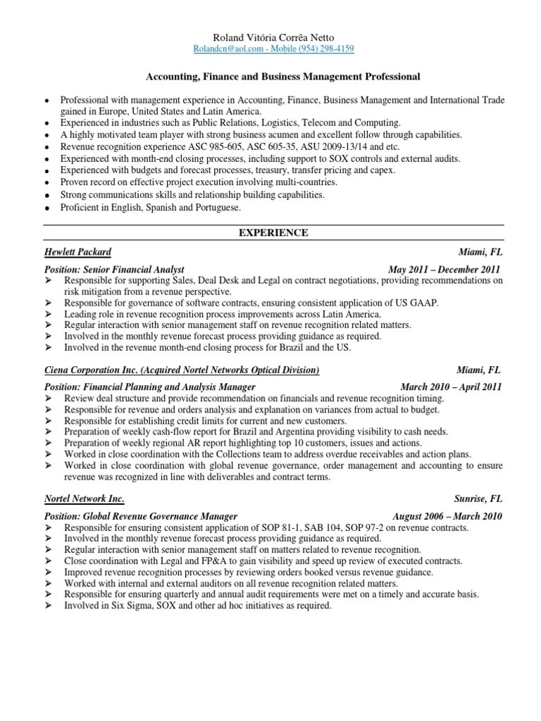 Revenue Recognition Finance Manager in USA Resume Roland Correa Netto