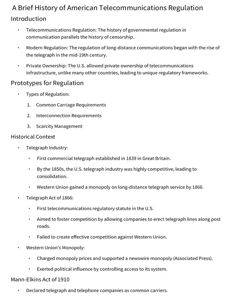 History Of Telecommunications Regulation Pdf Federal