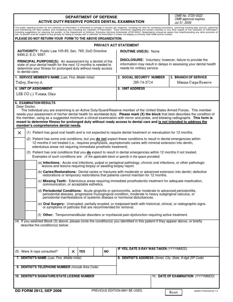 Dental Form DD 2813[1] | Dentistry | Wellness