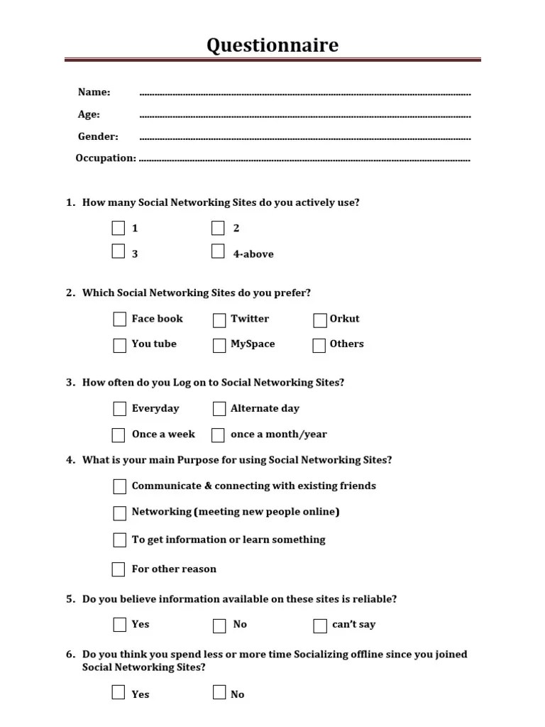 Social Networking Sites Questionnaire Social Networking Service