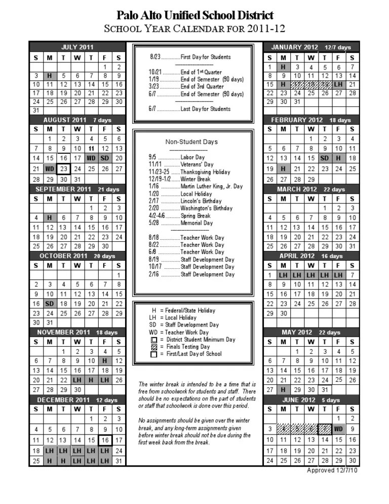Palo Alto School Year Calendar 201112 PDF Holidays Observances