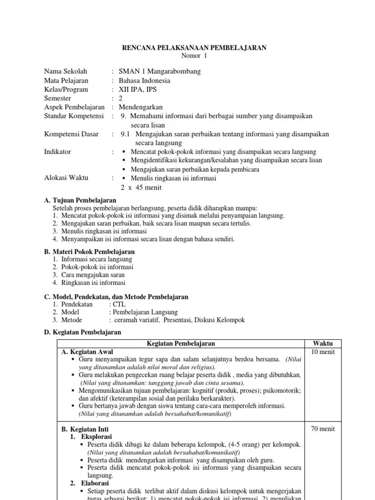 RPP Bahasa Indonesia XII.2 | PDF